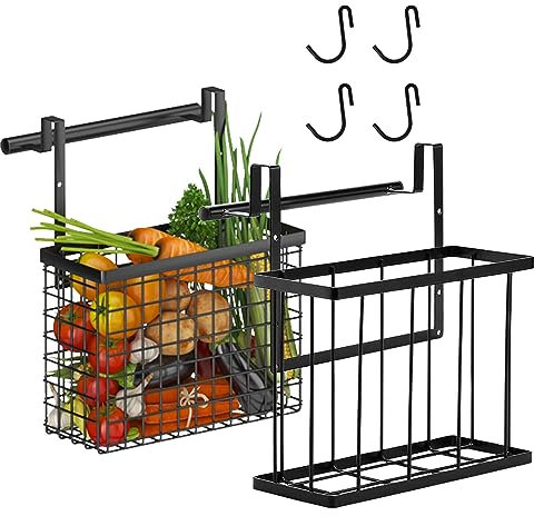 Qivine 2Pcs Kitchen Cupboard Door Storage Rack, Hanging Storage Wire Basket, Black Over the Cabinet Door Organizer, Adjustable Grid Storage Baskets with Hooks and Towel Bar for Pantry Baking Sheet