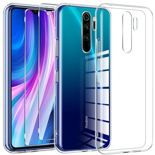 Kokio Crystal Clear - Carcasa para Xiaomi Redmi Note 8 Pro con 2 piezas de cristal protector, carcasa protectora de silicona TPU transparente, ultra fina y flexible, anti-amarilleo, antiarañazos