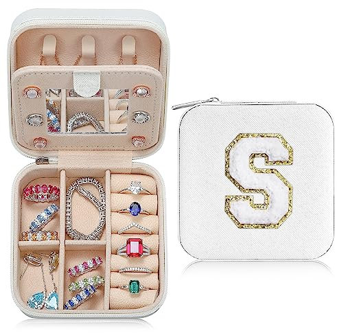 TINGN Klein Schmuckschatulle Mädchen, Reise Schmuckschatulle mit Buchstaben S | Schmuck Organizer | Reise Schmuckkästchen Mädchen | Mini Reise Schmuckkästchen Weiß | Schmuckschatulle Mädchen Geschenke