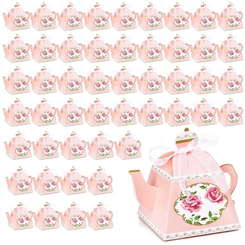 Eorbow 50 Pack Teapot Candy Boxes, Mini Vintage Floral Teapot Box, Teapot Favor Boxes with Ribbon, Pink Tea Party Favor Boxes Set for Tea Garden Wedding Bridal Birthday Baby Shower Party Decoration