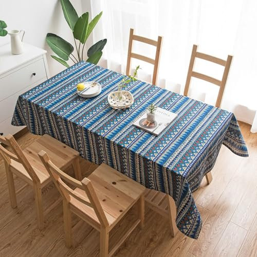Tischdecke Landhausstil Vintage, Baumwolle Leinen Geometrisches Bauernhausmuster Tischtuch für Küche, Picknick, Tischdekoration, Blau, Blau, 110 x 170 cm