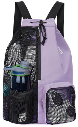 WANDF Swim Bag Mesh Drawstring Backpack with Wet Pocket for Swimming, Gym, and Workout Gear (Purple)