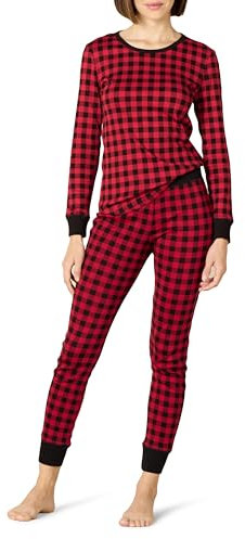 Amazon Essentials Ensemble de Pyjama en Coton Coupe Ajustée (Grande Taille Disponible) Femme, Rouge Cerise/Noir Carreau Buffalo Classique, XXL