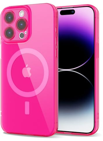 Svanove for iPhone 14 Pro Max Case Clear Compatible with Magsafe, Fluorescent Transparent Magnetic Magnet Mag Case, Slim Thin Bright Silicone Grip & Shockproof Bumper Camera Cover, Neon Hot Pink