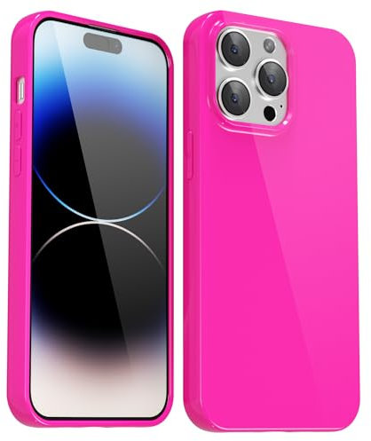 Svanove for iPhone 14 Pro Case Silicone, Glossy Soft Rubber Gel Jelly Cute Protective Plastic Simple Plain Phone Case Cover for Women Girl, Slim Thin Flexible Shockproof TPU, Neon Hot Pink