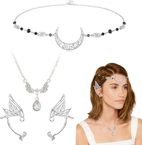 HIFOT 3Pcs Boho Mond Kopfkette Schmuck Damen Mädchen, Elfen Kopfschmuck Flügel Kristall Halskette Silber Ohren Haarschmuck Festival Accessoires Halloween Karneval Cosplay Fee Kostüm