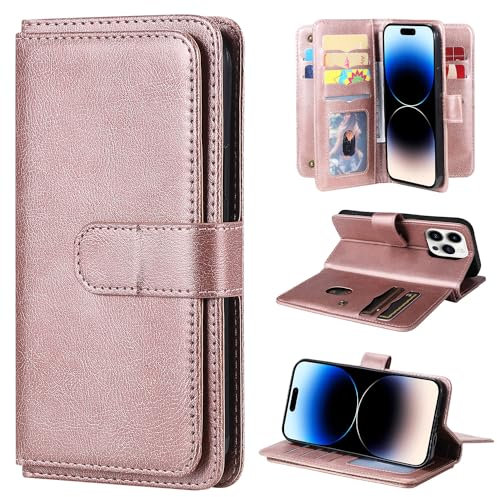 nancencen Handyhülle für iPhone 15 Pro 6.1 Hülle, Premium Leder Klappbar Stoßfest Brieftasche Schutzhülle [10 Kartensteckplätzen] Magnetischer Schutz, Roségold