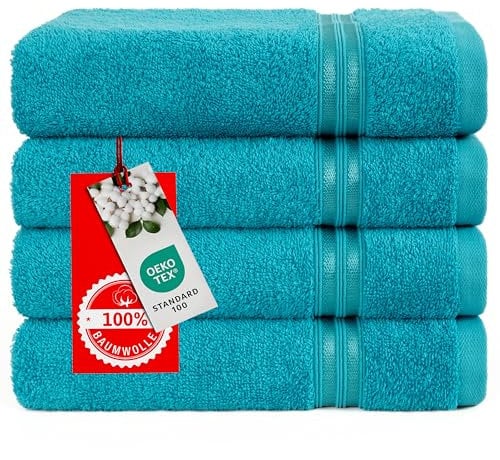 Hammetex 4er Handtücher Set, 100% Baumwolle Premium Qualität Groß 50x100cm Handtuch, Weich Saugstark Schnell Trocknendes Händehandtuch, Türkis