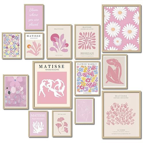 LANCHI95 14 Stück rosa Wanddekoration, ästhetische Bilder, rosa Wohnheim-Dekor für College-Mädchen-Schlafzimmer, Matisse-Wandkunst-Poster für Zimmer, ästhetisch, abstrakte dänische Pastelldrucke
