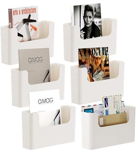 Senhoglb Office Hanging File Holder Oragniser Rack, 6 pcs Wall Mounted Document Holder, Plastic Wall Magazine Rack Storage with Adhesive Pad for Home, Door , Cream White(No Drilling)