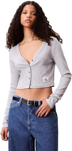 Calvin Klein Damen Strickjacke Cardigan Woven Label Rib mit Knopfleiste, Grau (Bc06 Grey Heather), S
