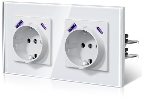 BSEED Enchufes con 20W USB y Tipo C,Enchufe Doble Pared con Cristal,Carga Rápida,Instalación Con Garfio,E-Serie,2 Enchufes con 20W USB y Tipo C,157mm Blanco