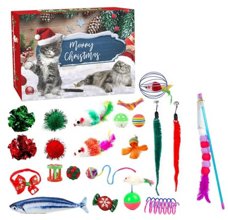 Katzen-Adventskalender 2024, 24 Tage Weihnachts-Countdown-Kalender für Kätzchen mit 24 Stück sortierten interaktiven Katzenspielzeugen für Indoor-Kätzchen, Katzen, Haustier-Überraschung,