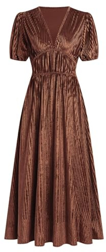 Damen Kleider Samt Elegant Abendkleider Damen Lang V Ausschnitt Samtkleid Damen A Linie Vintage Cocktailkleid Maxi Kurzarm Abendkleid Lange Tailliert Plissee Kleid Festliches Partykleid