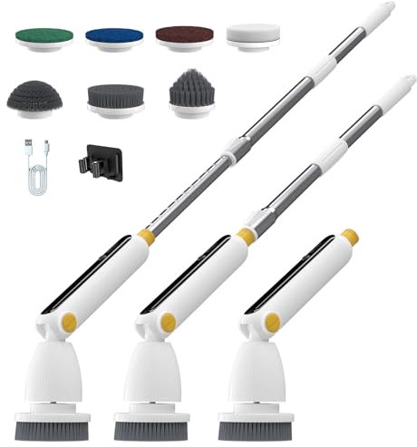 ICEPURE Spazzola di pulizia elettrica con 7 accessori, manico telescopico regolabile da 38 a 143 cm, sensore di pressione e display a LED, 2 velocità e 4 angoli per bagno e cucina