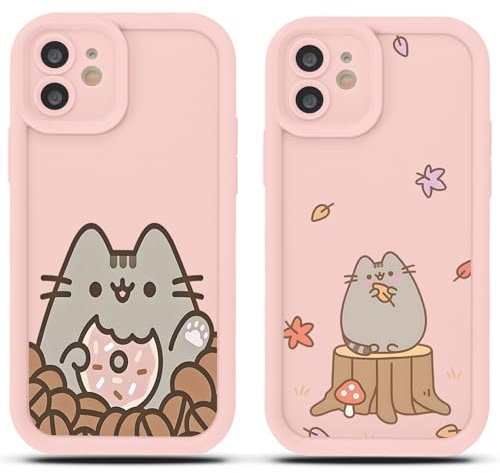 2 Stück Handyhülle für iPhone 13 6.1, Anime Cartoon Cute Katze Pusheen Cat Manga Muster mit Weich TPU Silikon Schutzhülle Kawaii Case Stoßfest Kratzfest Bumper Cover, Blätter
