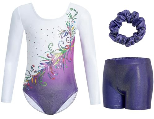 Gogokids Mädchen Drei Teile Langarm Turntrikot Set - Kinderturnoutfits mit Farbverlauf Pailletten Design, Inklusive Turntrikot, Shorts und Haarband, Funkelnde Ballett Unitards für Alter 3-12
