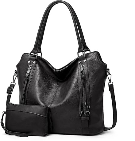 Aileese 2PC Set Tote Handbag for Women PU Leather Shoulder Bags Fashion Hobo Bags Large Purse and Handbags with Adjustable Shoulder Strap Black