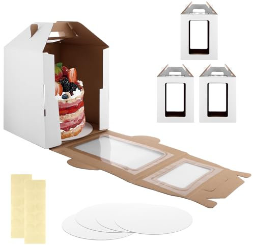 DAJAVE 4 Pack Extra Tall Cake Box, 12x12x14 Inch Large Cake Box Tall Cakes Carrier Cardboard Wedding Cakes Boxes for Birthday, Wedding, Graduation (White)