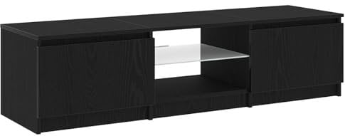 vidaXL TV Cabinet - Black Oak Solid Wood, 140 x 40 x 35.5 cm, LED Lights, Living Room Storage