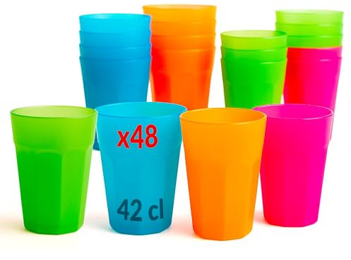 Table'Colors 48 Verres à Cocktail Multicolores 42 cl - Gobelets - Plastique Rigide - Eco-Cup - Mojito - Orange - Vert - Bleu - Rose - Passe au Lave-Vaisselle - Réutilisables - Solides