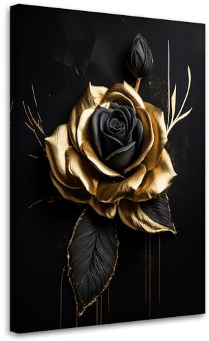 Feeby Leinwand Bilder - Bild Wohnzimmer - Goldene Rose auf schwarzem Hintergrund - 40x60 1tlg - Deko Schlafzimmer Groß - Dekoration Canvas - Gemälde - Modern Wandbilder - Kunstdruck