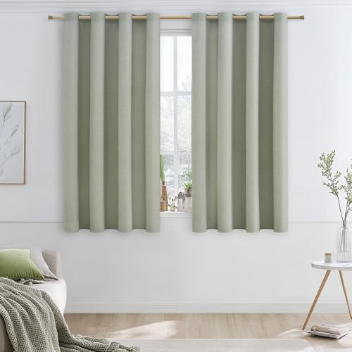MRTREES Gardinen Leinenoptik mit Ösen Kurz Salbeigrün Voile Gardinen Küche Fenster Vorhänge Leinen Halbtransparent für Wohnzimmer Schlafzimmer Ösenvorhang 2er Set H 122 x B 140 cm