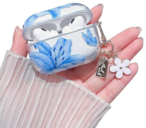 MINSCOSE für AirPods Pro 2 Hülle und AirPods Pro Hülle,niedliches Schmetterlings-Lilienblumen-Design mit Blumen-Schlüsselanhänger für Mädchen und Frauen für Airpod Pro/Pro 2–Dunkelblau