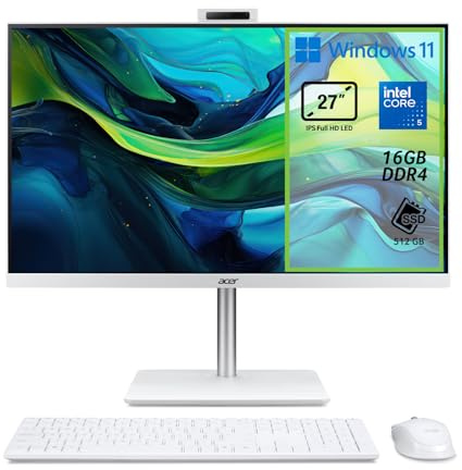 Acer Aspire C27A-GRPL Computer Fisso All in One, Display 27 FHD 120 Hz IPS | Intel Core 5 120U, 16 GB DDR4, 512 GB SSD, Intel Graphics, WiFi 6, Webcam, Windows 11 Home, Tastiera e Mouse Wireless Inclusi