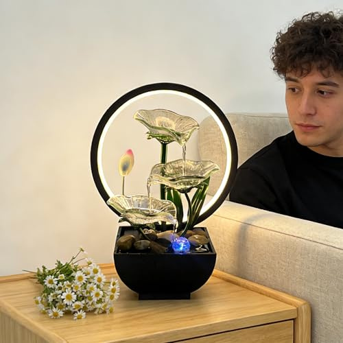 AOZITA Tabletop Water Fountain,3-Tier Transparent Acrylic Lotus Leaf Zen Fountain,Indoor Water Feature for Home Office Fengshui Decor,Warm Scene Light