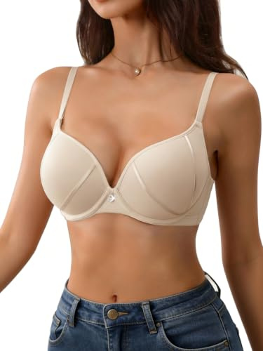 Awinclo Women's Push up Bra Floral Padded Full Cup Lace Underwired Bra Demi Plunge Bra Soft Support Full Coverage Everyday Bralettes 38C Nude