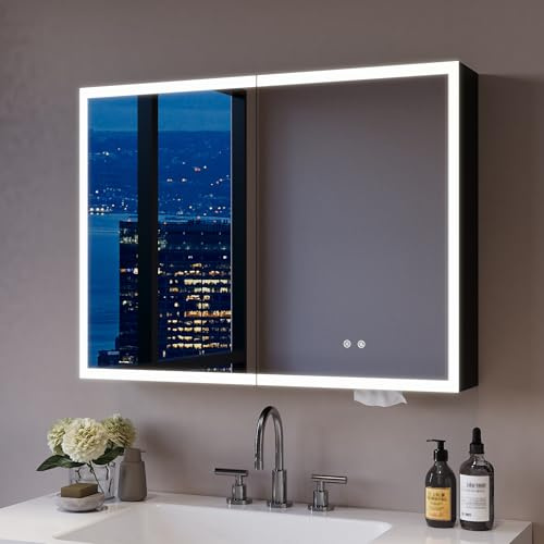 DeerValley Wall Mounted Bathroom Mirror Cabinet LED 800x600mm | Aluminium Medicine Cabinet 3 Color Dimmable Light Anti-Fog Memory Function Adjustable Shelves Internal Socket Tissue Slot
