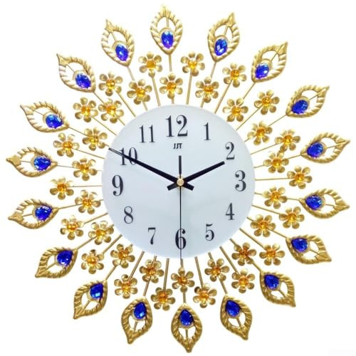 Elegante Wanduhr mit Pfauen-Design aus Metall und Kristallakzenten für moderne Wohnräume und leisen Betrieb