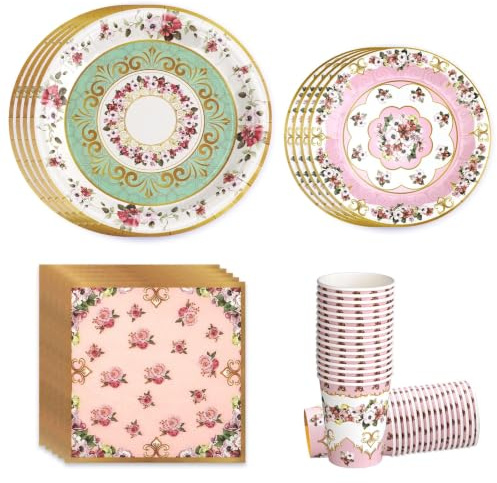 68Pcs Vintage Floral Party Plates Set, 9 Green and 7 Pink Floral Paper Plates Napkins Cups Serves 16 Guests, Disposable Tableware for Afternoon Tea, Bridal Shower Birthday Party Decorations