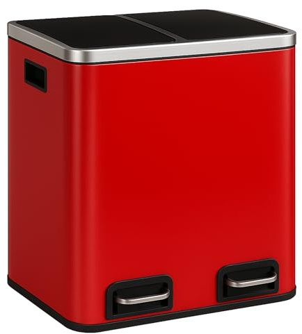 casa pura | Felix | Poubelle Tri Sélectif | Double Compartiment | Amortisseur de Fermeture | Pédales en Métal | Design Idéal pour Cuisine et Bureau | Rouge, 2 x 15 Litres