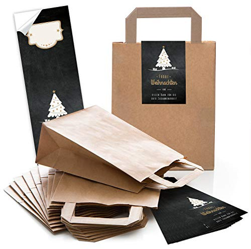Logbuch-Verlag 25 kleine braune Geschenktaschen Frohe Weihnachten und Danke für die gute Zusammenarbeit 18 x 8 x 22 cm schwarz weiß Sticker wie Weihnachtskarte
