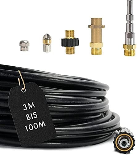 Rohrreinigungsschlauch - Set PROFESSIONAL (6-Teilig) für Kärcher Kränzle NILFISK ALTO WAP Professional HD HDS Anschluss 1/8 AG : M22 x 1,5 IG & Bajonett-Adapter & Adapter KEW & 2x Düsen (3 Meter)