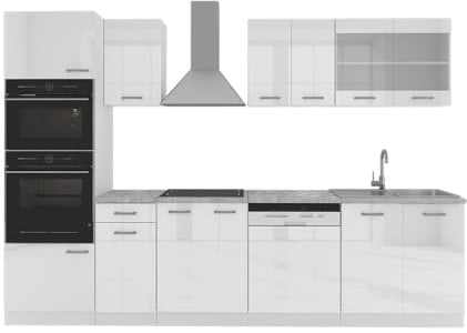 Vicco Mueble de Cocina R-Line, Blanco Alto Brillo/Blanco, 300 cm con Armario Alto, ET Mármol