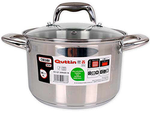 Quttin | Olla Profesional New Caesar de Inducción para Cocina y Horno - Cacerola Pequeña de Acero Inoxidable Antiadherente con Tapa de Cristal y Asas 20 cm/2,5 L Apta para Todo Tipo de Cocinas