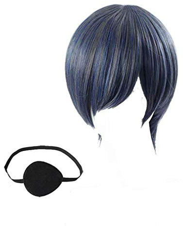 GZIRUE Blau Grau Kurze Gerade Perücke Haar mit Schwarze Augenklappe für Halloween Anime Ciel Phantomhive Cosplay Wig Kostüm