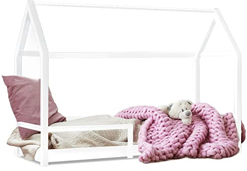 IDMarket - Cama cabaña infantil 90 x 190 cm, color blanco con somier y barreras