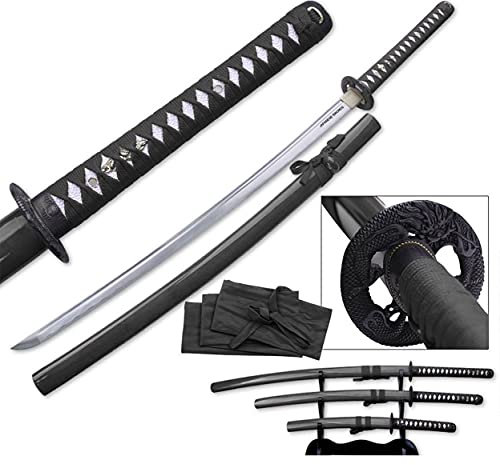 Katana Wakizashi Tanto EIN Satz Schwerter Mit einem Stand scharf echt zum Training Metall Stahl 1045 Samurai 100% handgefertigt Nur für Erwachsene - 18 Jahre erforderlich 9KM3-3PCBK