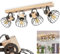 Deckenleuchte Orny, Deckenlampe im Vintage-Design aus Holz/Metall in Natur/Braun m. Schirmen in Gitter-Optik, Leuchte m. Holzbalken, Textilkabeln u. verstellbaren Strahlern, 4 x E27, ohne Leuchtmittel