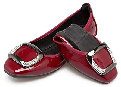 MACHSWON Womens Ballet Flat Slip On Foldable Ballet Flats with Buckle, Portable Ladies Slip On Loafers(Smooth Red, Size 5)