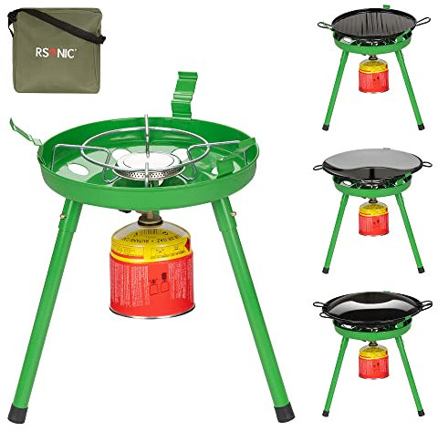 Mianova 4in1 Campingkocher + Fladenbäcker + BBQ + Wok Grill + 4 x 500g Butangas Gaskartuschen Gas Camping Kocher Herd Kartuschen Tragetasche Gaskocher Notfallkocher Set Grün