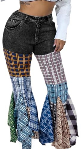 ThusFar Damen Hohe Taille Patchwork Flare Jeans Plaid Glocke Bottom Rüschen Saum Denim Lange Hose, Schwarz, X-Groß