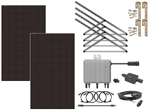 Trango BK10-DE800W Plug & Play Balkonkraftwerk für eckig Balkongelände inkl. 800W Wechselrichter gedrosselt 600W, 2X 400W Solarmodul, 3m Kabel mit Stecker, 2X Vario Montage Set & 4X Rund-Haken