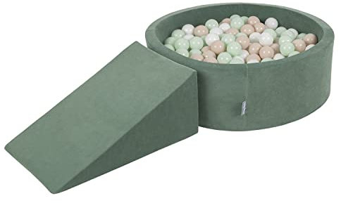 KiddyMoon Velvet Aire De Jeux en Mousse avec Rond Piscine À Balles pour Enfants (200 Balles), Vert Forêt: Pastel Beige/Blanc/Menthe