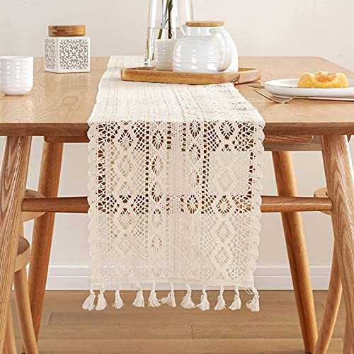 Onlyesh Boho Tischläufer Beige, 24x240 mit Quasten, für Deko, Hochzeit, Brautdusche, Esstisch Dekor