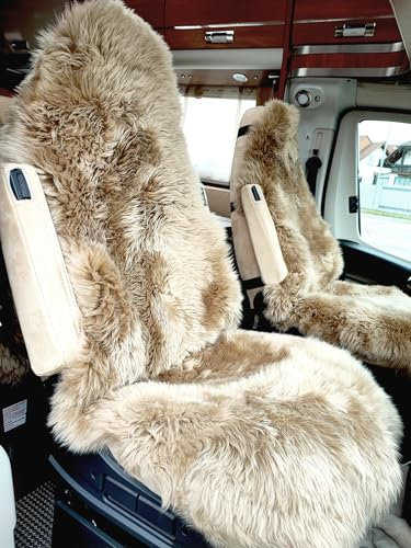 Autositzauflage für Wohnmobile Camper Hochlehner Autositzbezug Autofell Lammfell Naturform universell - 135 cm - für Stoffsitze (Cappuccino)